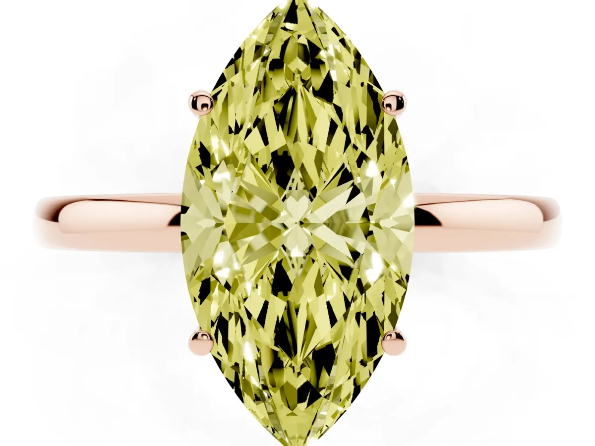 Fancy Yellow Marquise Cut Solitaire Diamond Ring with Prong Setting and Plain Band Rose gold