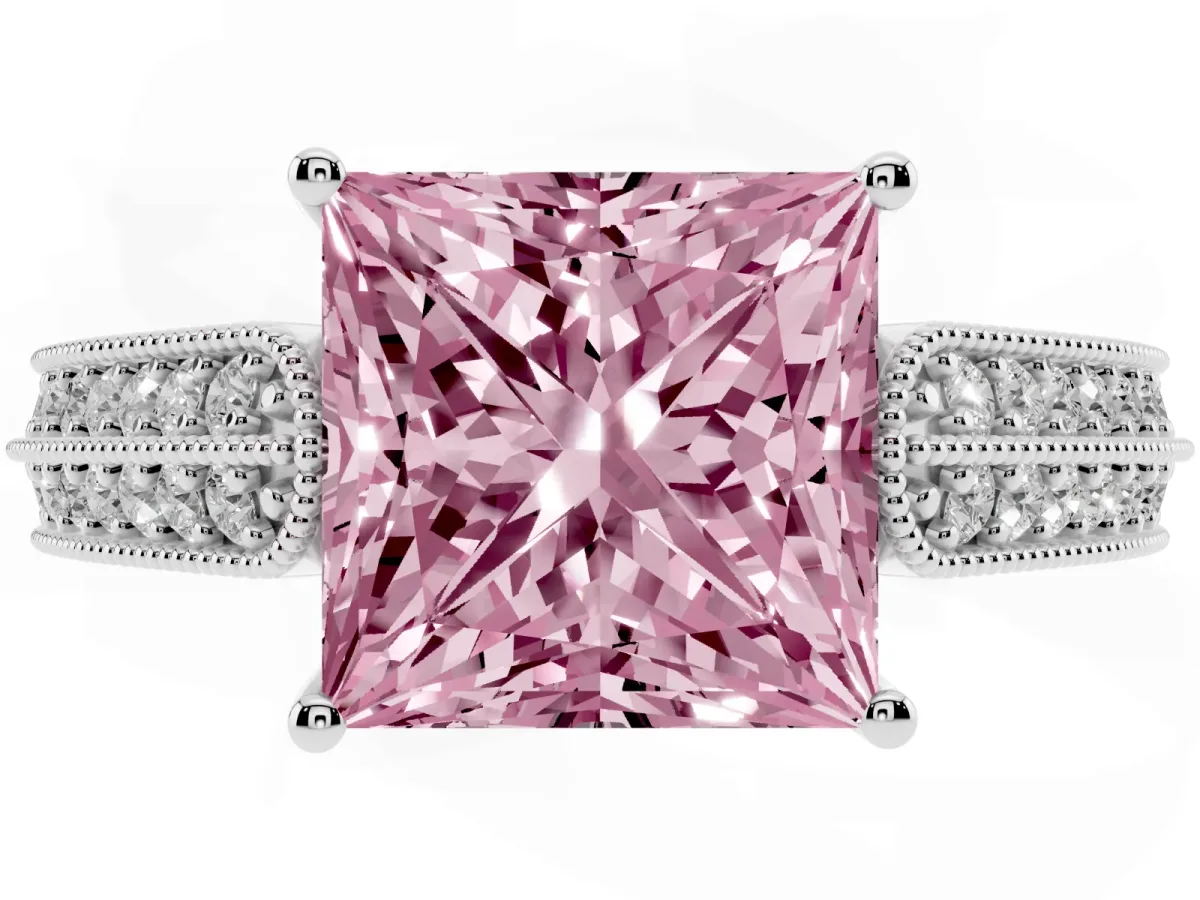 Fancy Pink Princess Cut Cut Pave Split Shank Engagement Ring with Four-Prong Setting White gold
