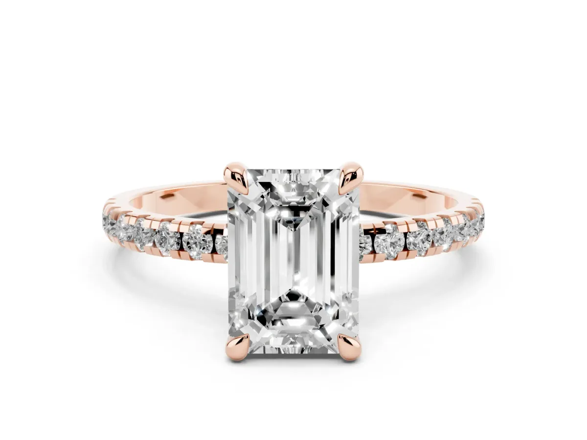 Emerald Cut Diamond Brilliant Solitaire Ring with Pavé Band and Four-Prong Setting Rose gold