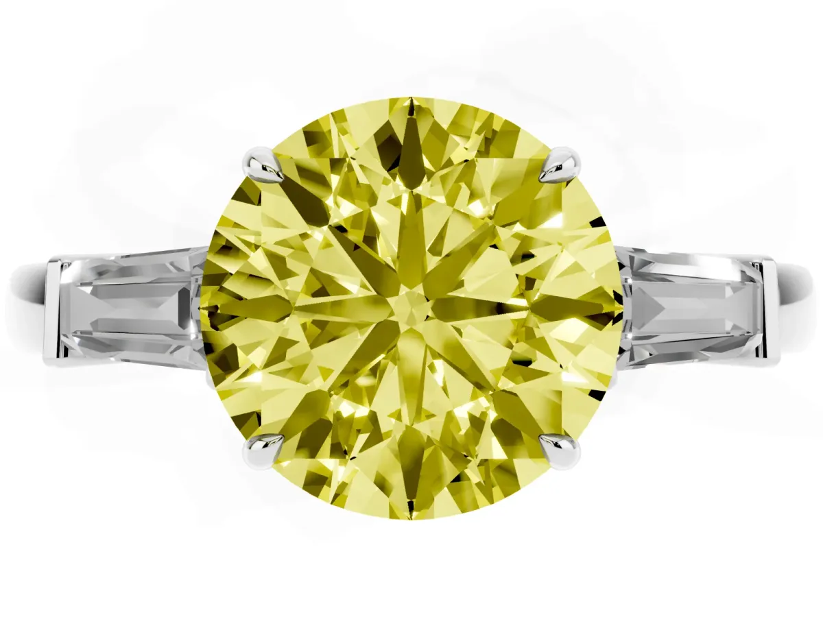 Fancy Yellow Round Cut Diamond Three-Stone Ring with Tapered Baguette Side Stones and Prong Setting Silver