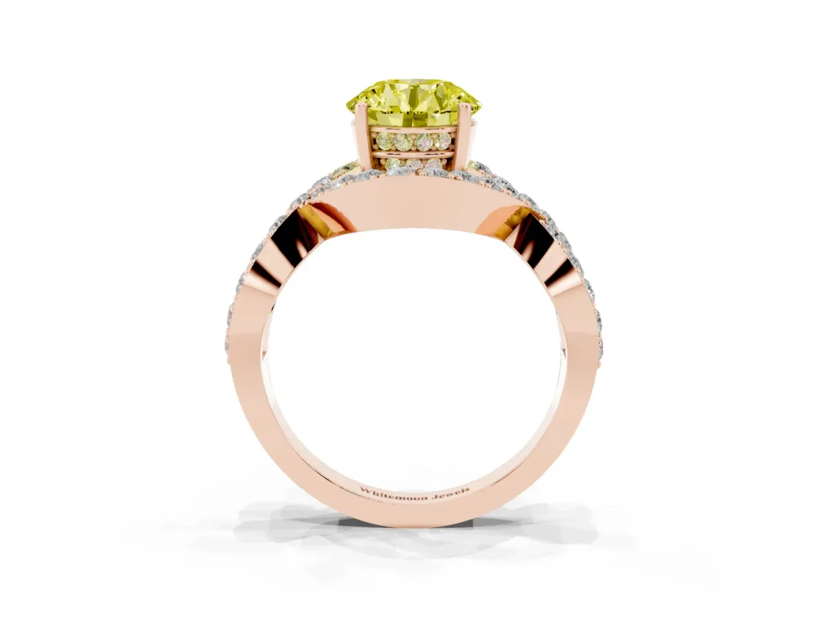 Fancy Yellow Round Cut Solitaire Twist Band Pavé Diamond Engagement Ring Rose gold