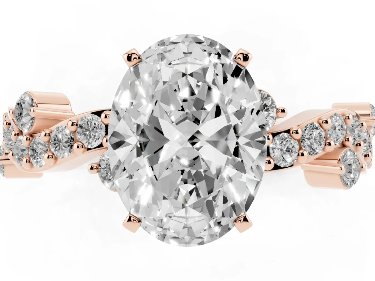 Oval Cut Cut Solitaire Diamond Twisted Band with Pave Setting Rose gold