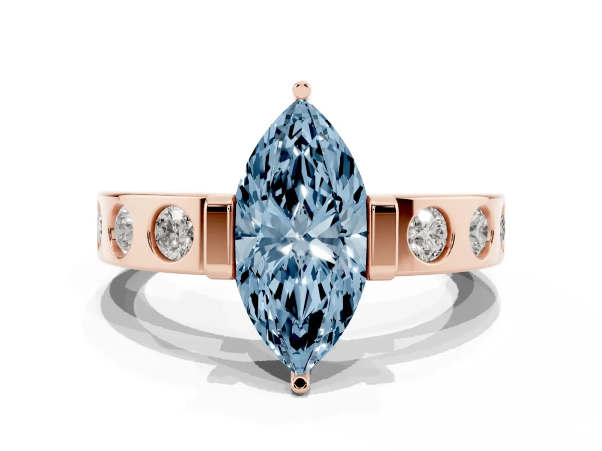 Fancy Blue Marquise Cut Brilliant Channel-Set Diamond Ring with Bezel Prong Setting Rose gold