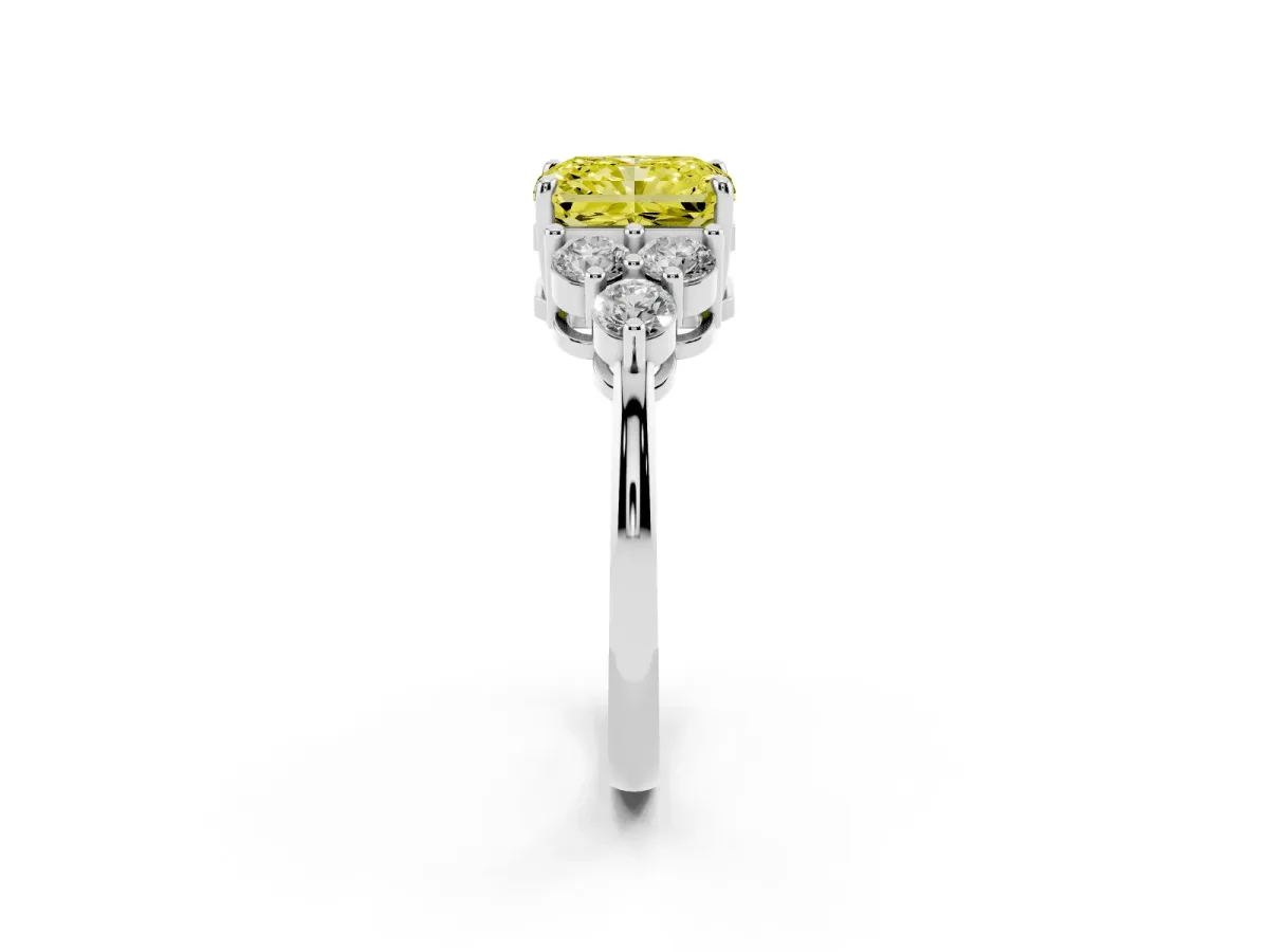 Fancy Yellow Radiant Cut Brilliant Diamond Cluster Accent Solitaire Ring with Prong Setting Platinum