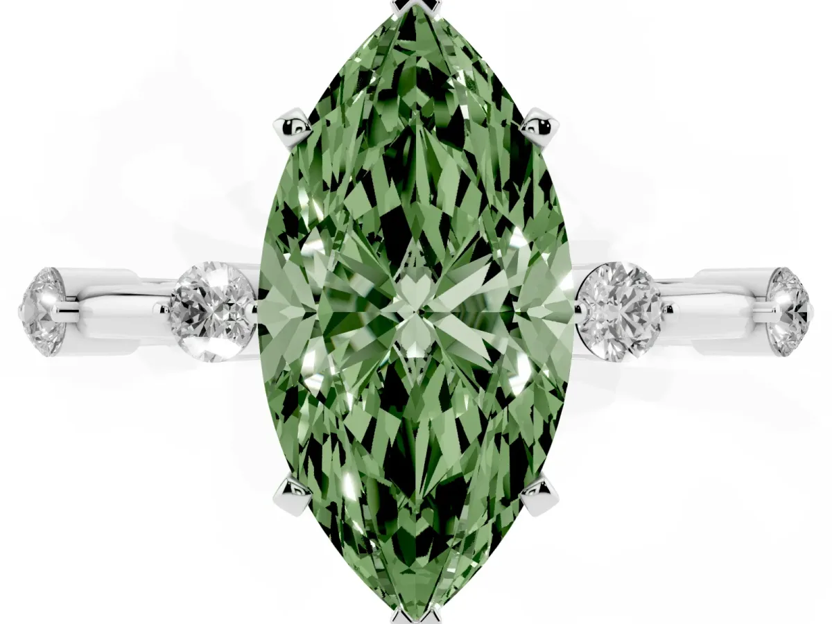 Fancy Green Marquise Cut Solitaire Diamond Ring with Bezel Set Side Stones and Prong Setting Silver