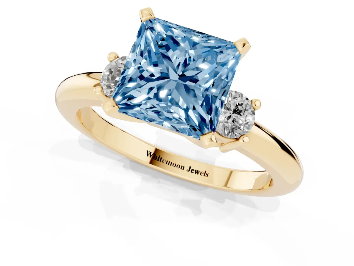Fancy Blue Three-Stone Princess Cut Cut Diamond Solitaire with Prong Setting and Classic Band Yellow gold