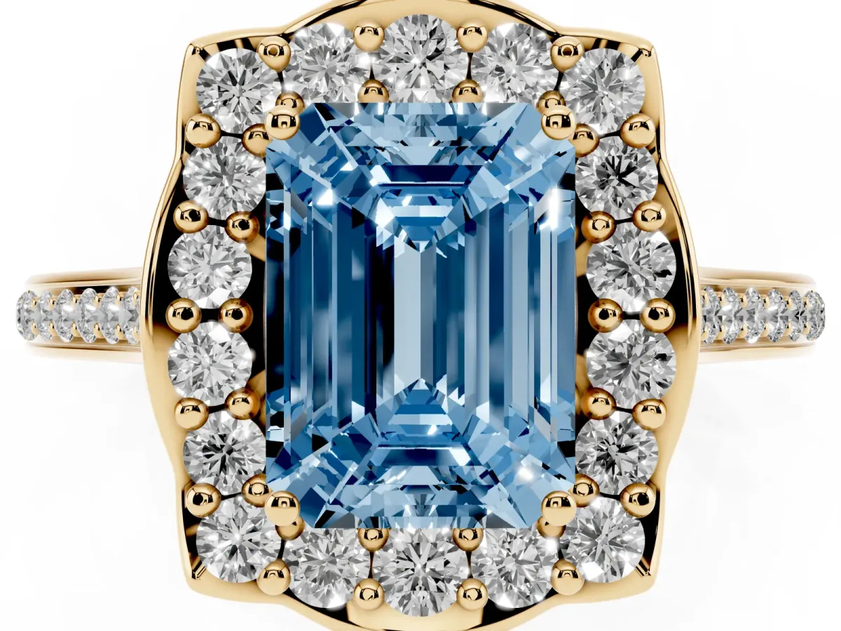 Fancy Blue Emerald Cut Halo Round Diamond Pave Band with Four-Prong Setting Yellow gold