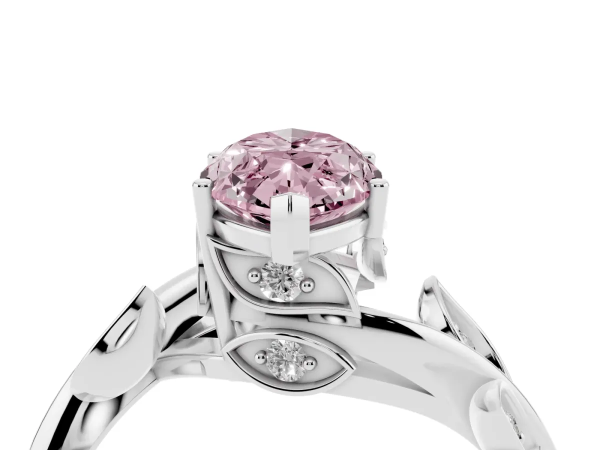 Fancy Pink Marquise Cut Solitaire Twist Engagement Ring with Leaf Accents and Prong Setting Silver