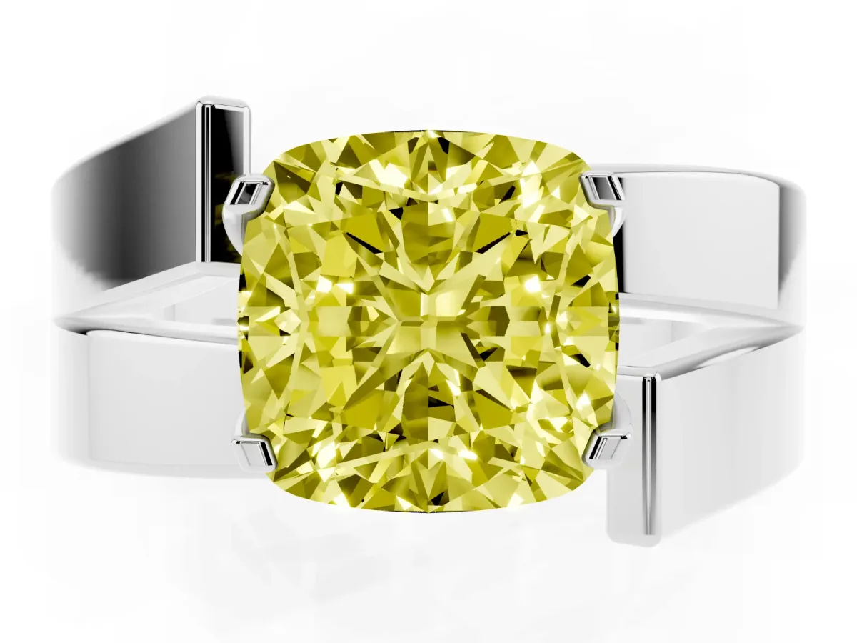 Fancy Yellow Modern Tension Set Cushion Cut Diamond Solitaire Wide Band Ring Platinum