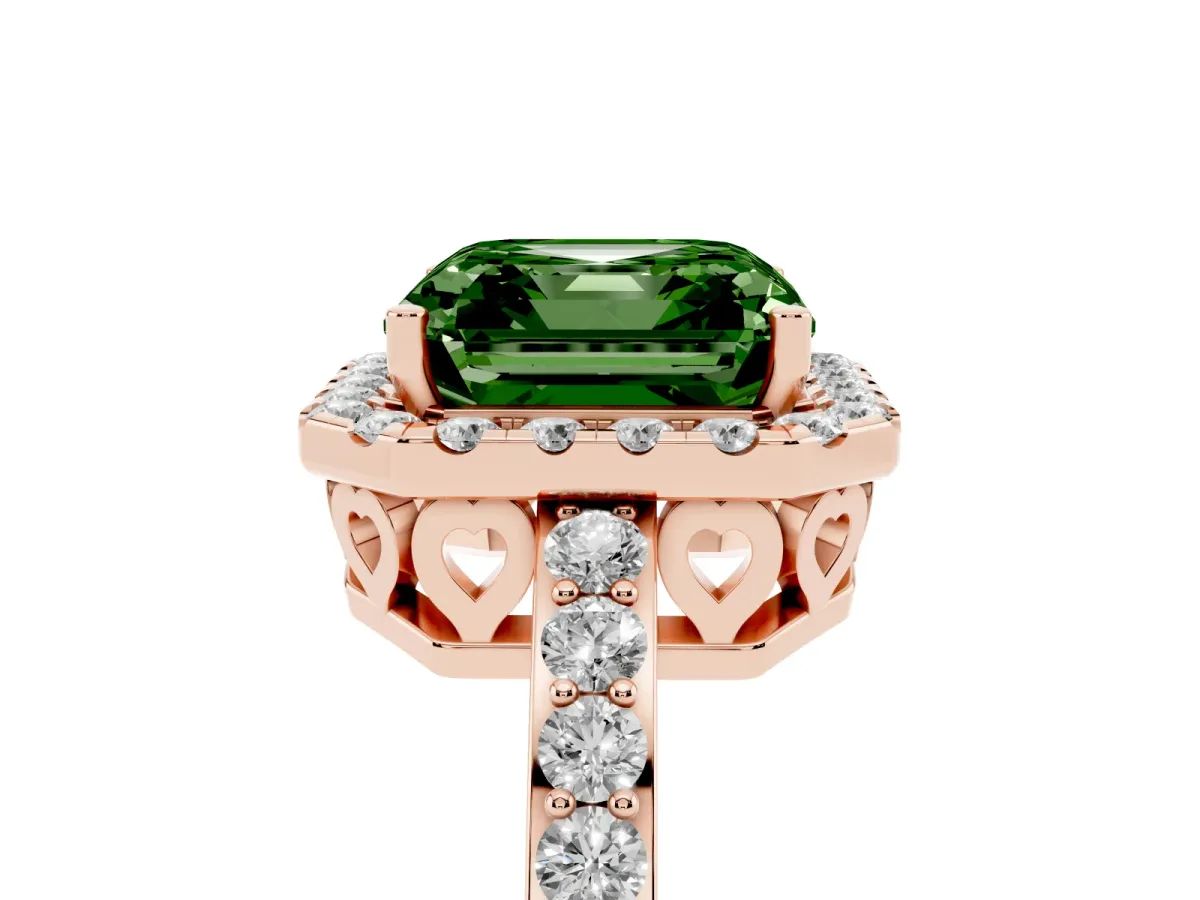 Fancy Green Asscher Cut Halo Diamond Pavé Band Ring with Prong Setting Rose gold