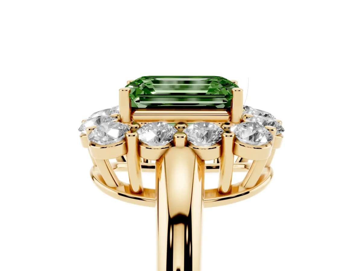 Fancy Green Emerald Cut Halo Cluster Diamond Engagement Ring with Prong Setting and Polished Band Yellow gold
