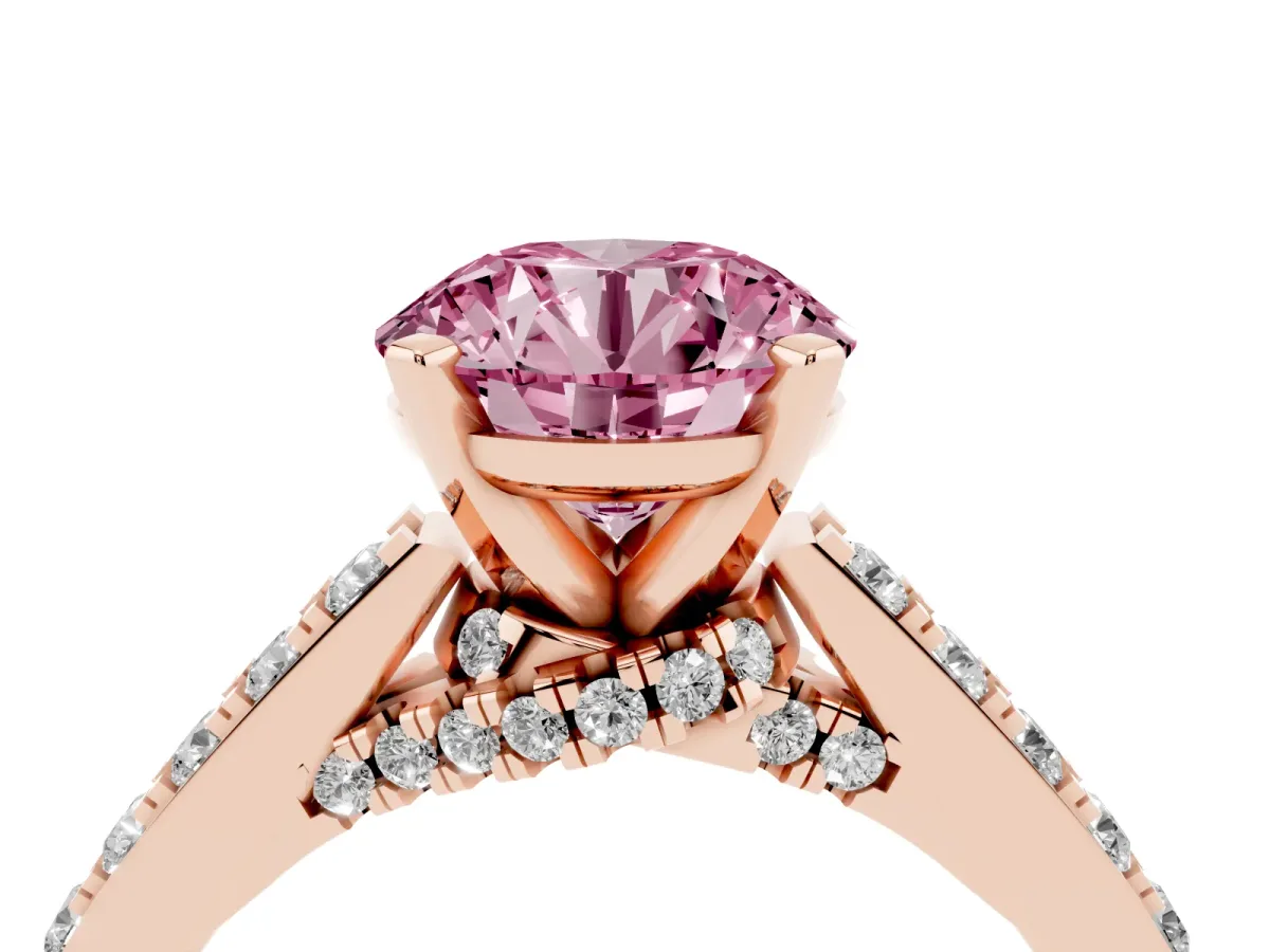 Fancy Pink Round Cut Diamond Solitaire Ring with Crossover Gallery and Round Pavé Band Rose gold