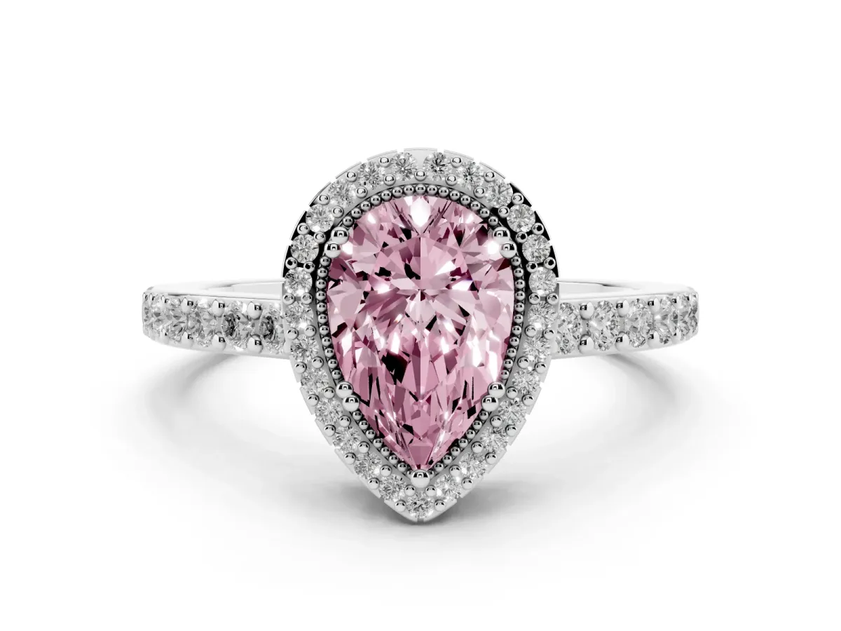 Fancy Pink Pear Cut Cut Diamond Halo Engagement Ring with Milgrain Detail and Pavé Band Silver
