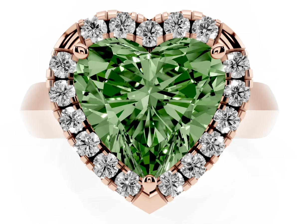 Fancy Green Heart Cut Cut Halo Solitaire Engagement Ring with Square Band and Four-Prong Setting Rose gold
