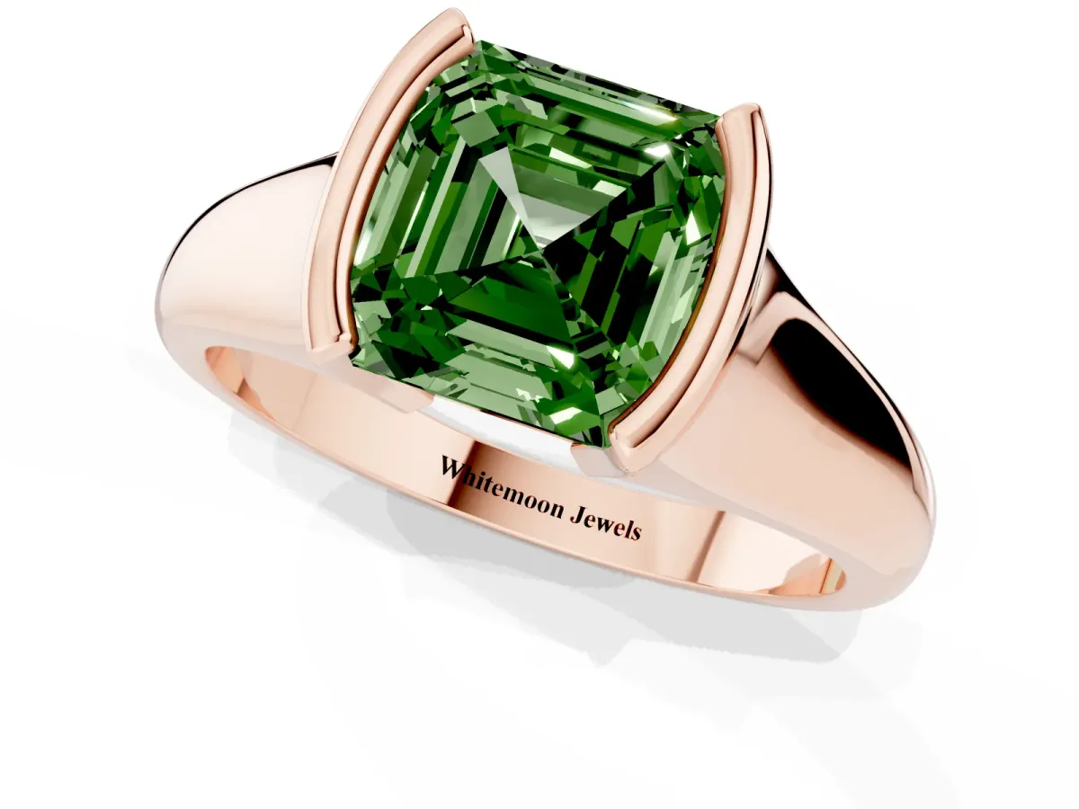 Fancy Green Asscher Cut Solitaire Tension Set Diamond Ring with Split Shank Band Rose gold