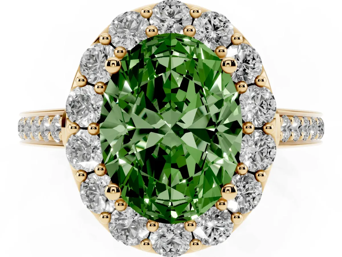 Fancy Green Oval Cut Diamond Floral Halo Ring with Pavé Band and Prong Setting Yellow gold
