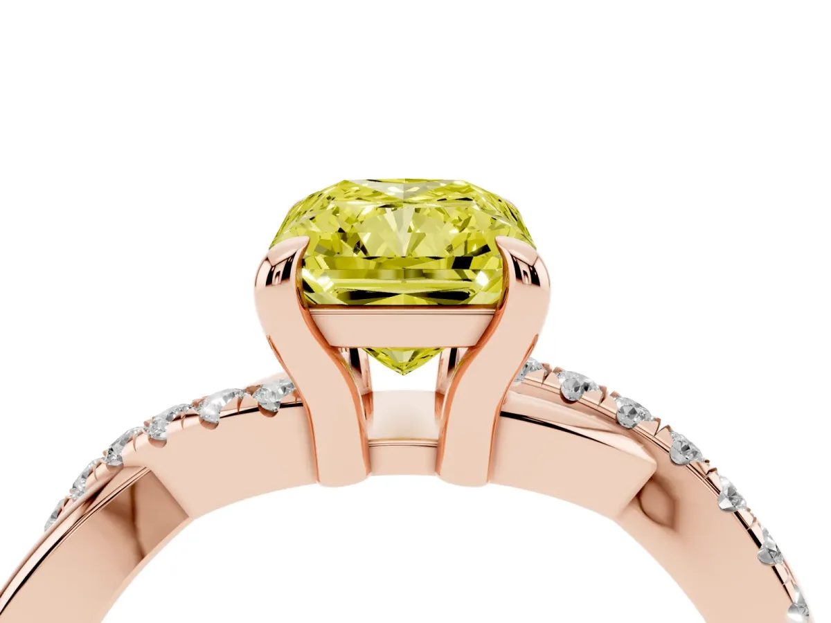 Fancy Yellow Radiant Cut Cut Diamond Twist Band Solitaire with Prong Setting Rose gold