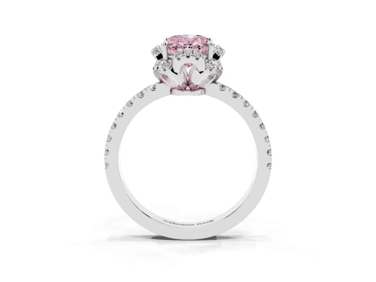 Fancy Pink Oval Cut Diamond Halo Pave Band with Four-Prong Setting Silver
