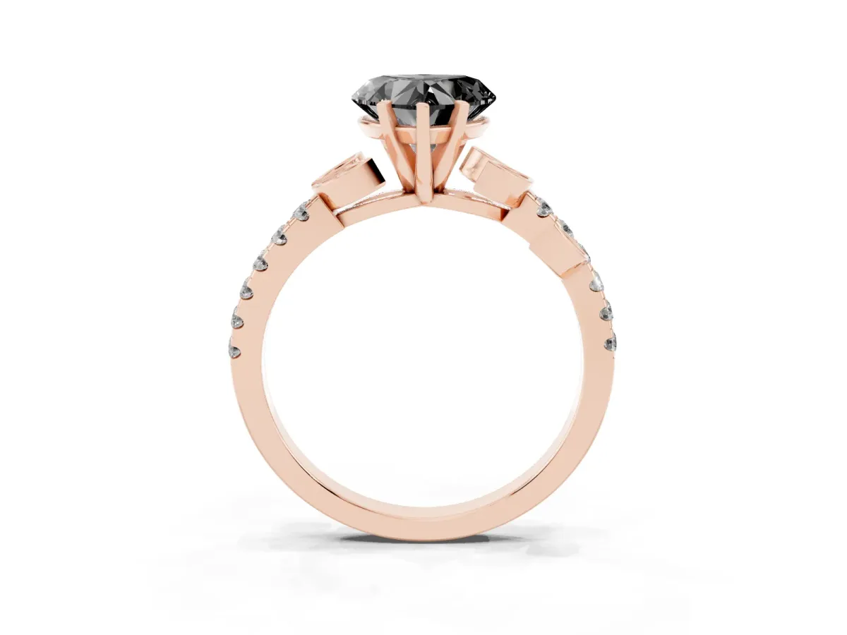 Fancy Black Heart Cut Solitaire Leaf-Inspired Diamond Ring with Pavé Band and Four-Prong Setting Rose gold