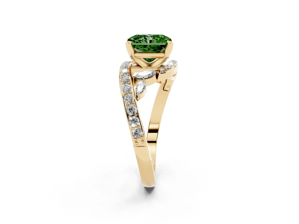 Fancy Green Radiant Cut Solitaire with Pavé Twist Band and Four-Prong Setting Yellow gold