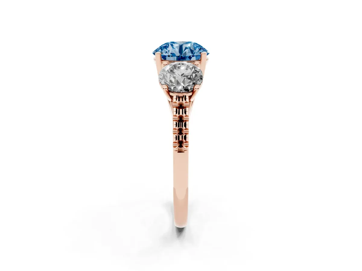 Fancy Blue Three-Stone Round Cut Diamond Ring with Round Pavé Band and Prong Setting Rose gold