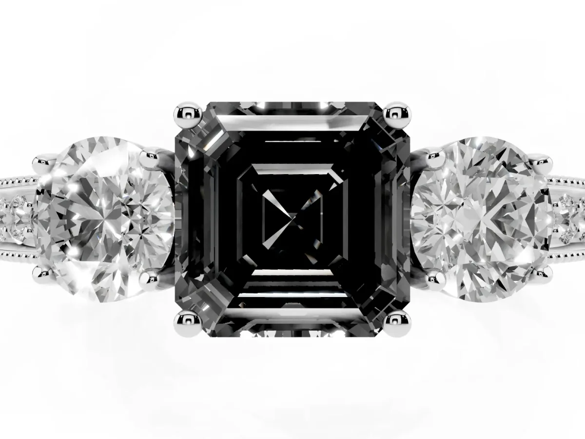 Fancy Black Asscher Cut Three-Stone Diamond Ring with Pavé Band and Four-Prong Setting Silver