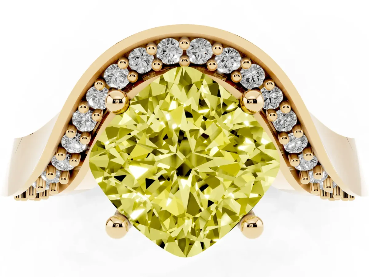 Fancy Yellow Cushion Cut Solitaire Diamond Engagement Ring with Pave Band and Four-Prong Setting Yellow gold