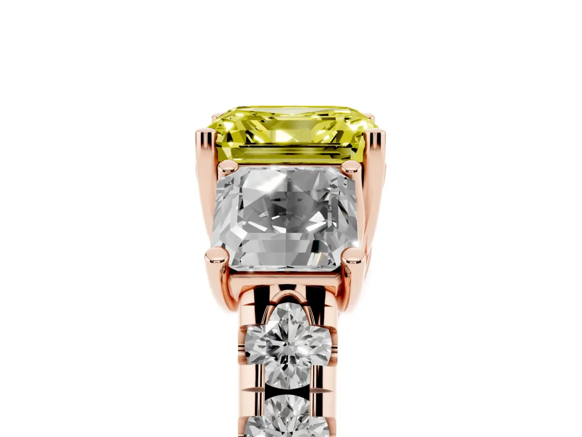 Fancy Yellow Three-Stone Asscher Cut Diamond Pavé Band with Prong Setting Rose gold