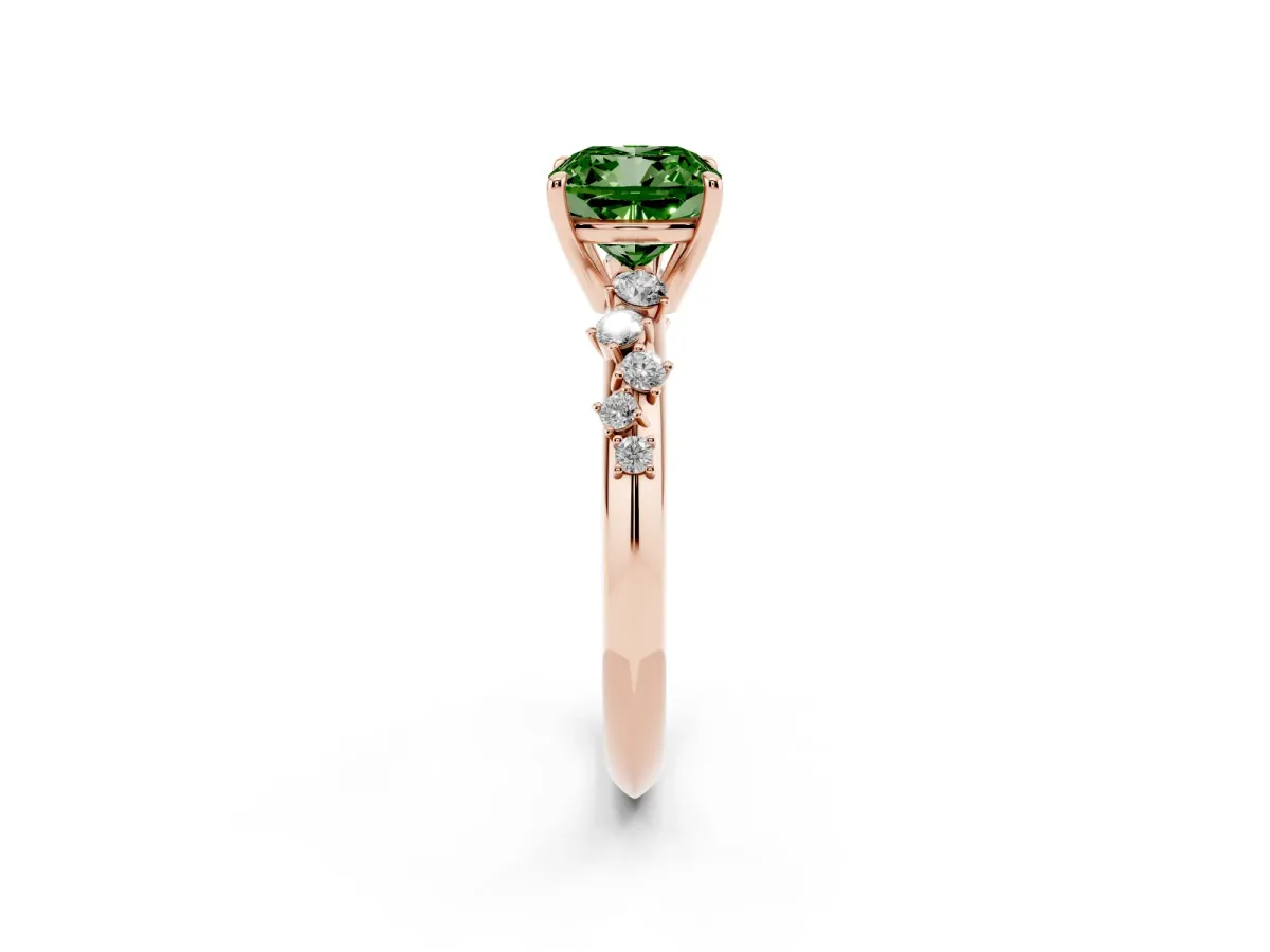 Fancy Green Cushion Cut Diamond Cluster Side Stone Solitaire Ring with Prong Setting Rose gold