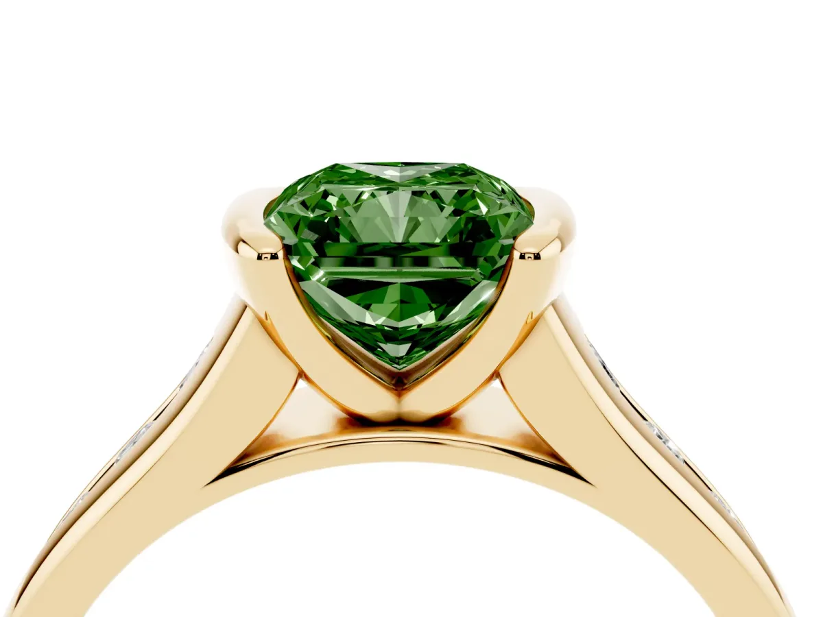 Fancy Green Radiant Cut Solitaire Bezel-Set Diamond Ring with Channel-Set Band Yellow gold