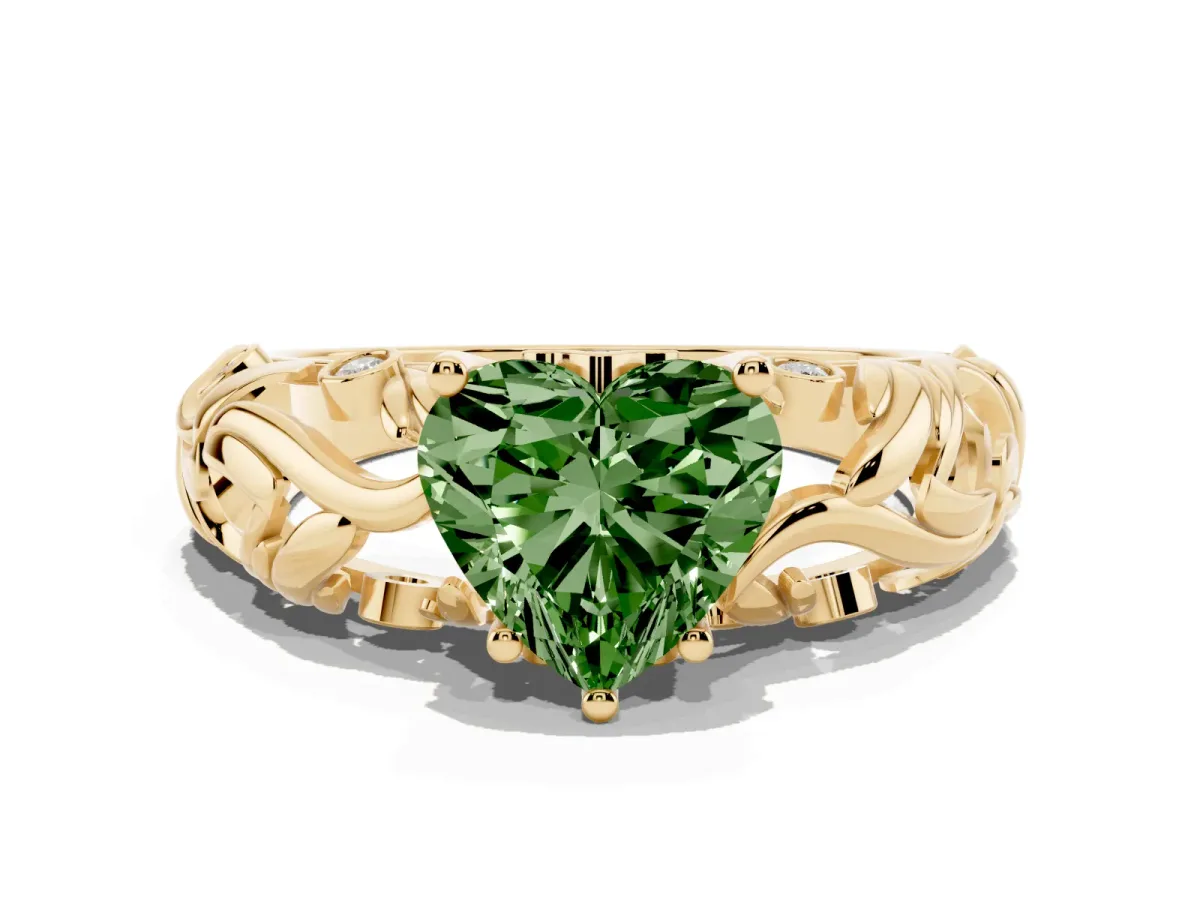 Fancy Green Heart Cut Solitaire Diamond Leaf-Inspired Vine Band Ring with Prong Setting Yellow gold