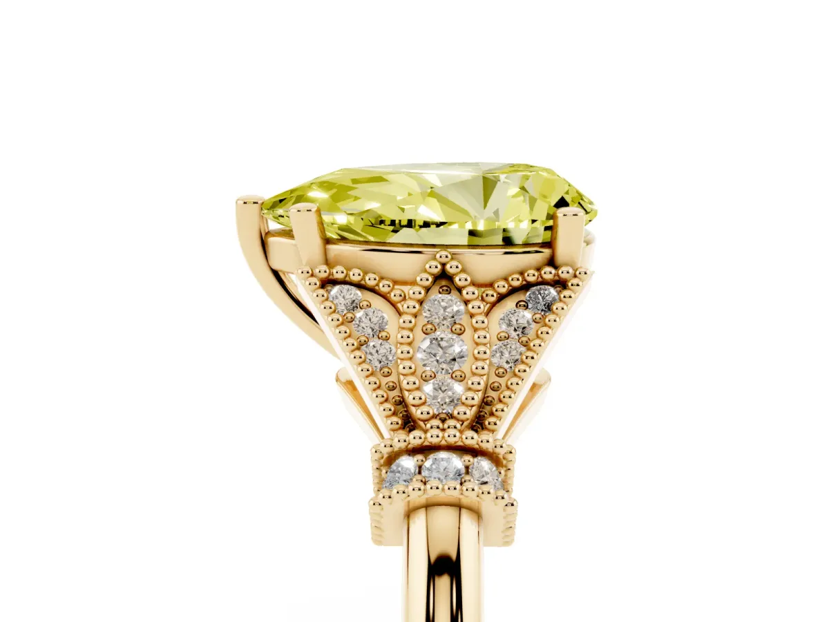 Fancy Yellow Pear Cut Diamond Solitaire Ring with Floral Filigree and Pave Accents Yellow gold