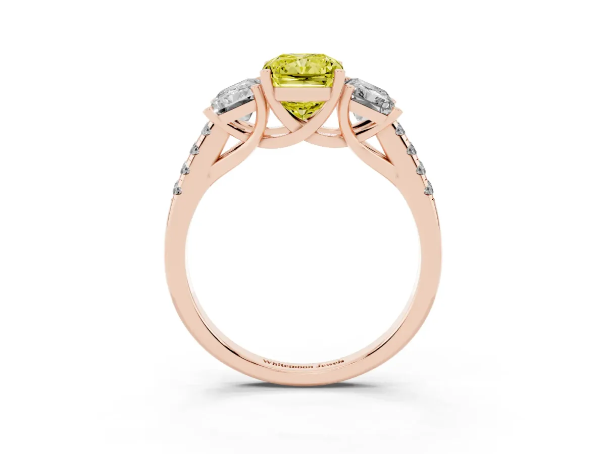 Fancy Yellow Three-Stone Radiant Cut Diamond Ring with Round Pavé Band and Prong Setting Rose gold