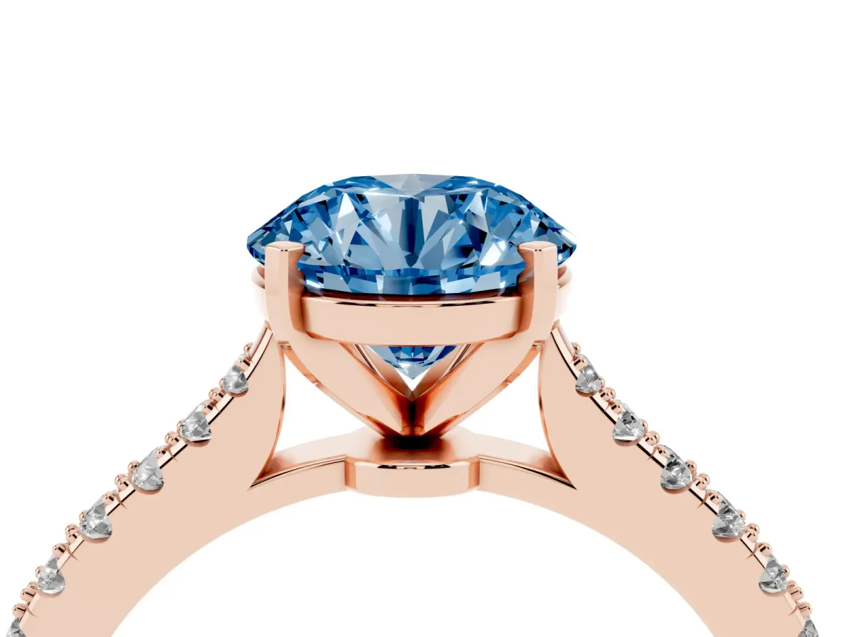 Fancy Blue Round Cut Cut Solitaire Diamond Engagement Ring with Pave Band and Four-Prong Setting Rose gold