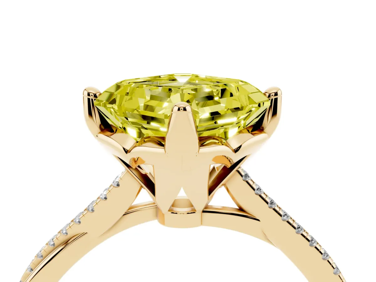 Fancy Yellow Asscher Cut Solitaire Twist Band with Pavé Diamonds and Four-Prong Setting Yellow gold