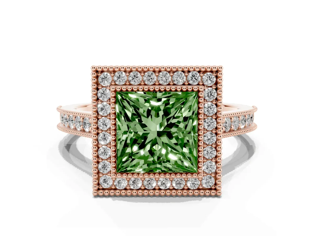 Fancy Green Halo Princess Cut-Cut Diamond Pave Band Milgrain Prong Setting Ring Rose gold