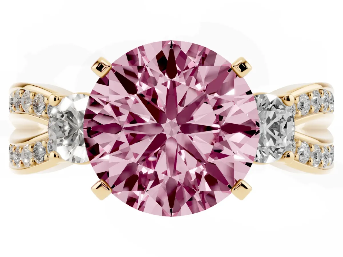 Fancy Pink Three-Stone Round Cut Cut Diamond Twist Band with Prong Setting Yellow gold