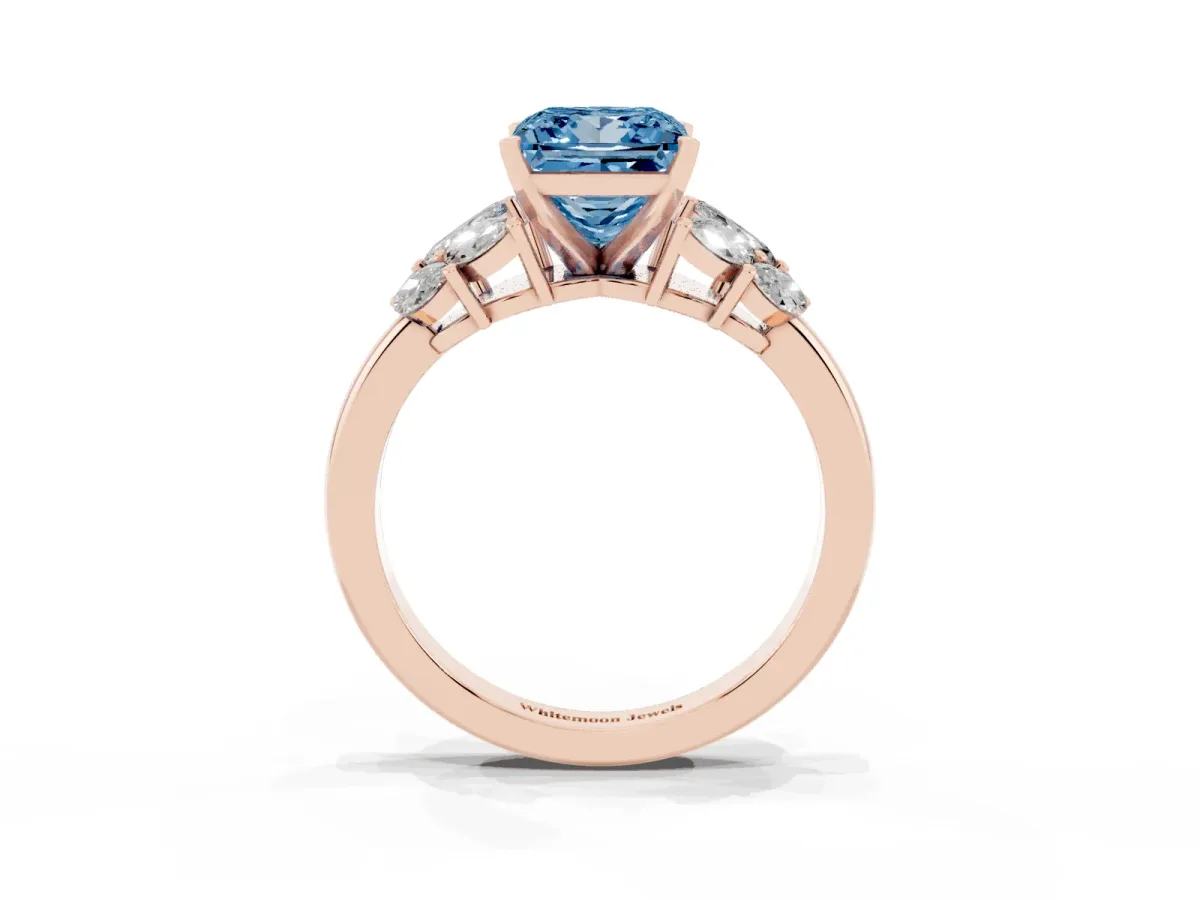 Fancy Blue Princess Cut Diamond Cluster Leaf Design Ring with Prong Setting Rose gold