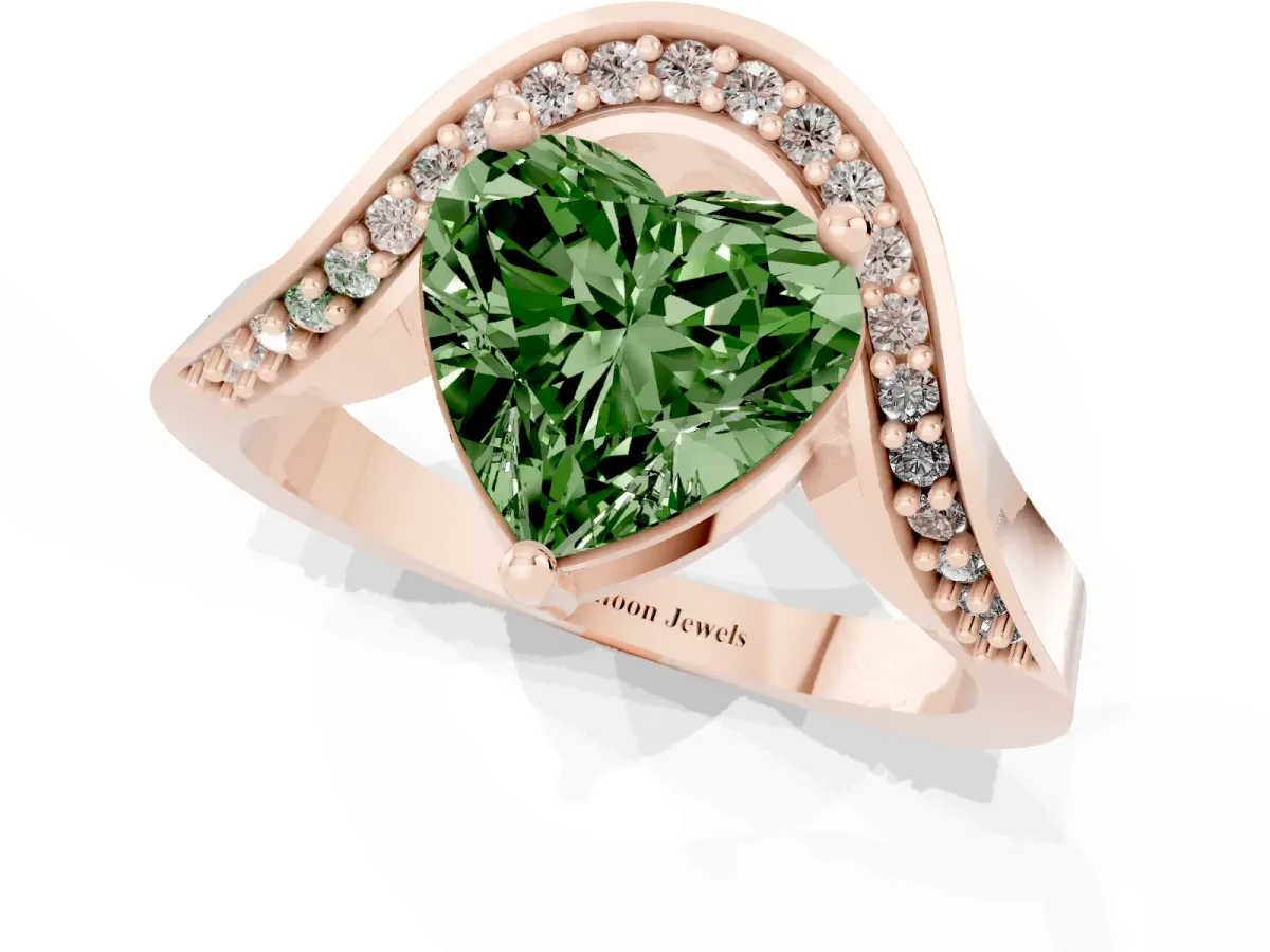 Fancy Green Heart Cut Solitaire Diamond Engagement Ring with Pave Band and Four-Prong Setting Rose gold