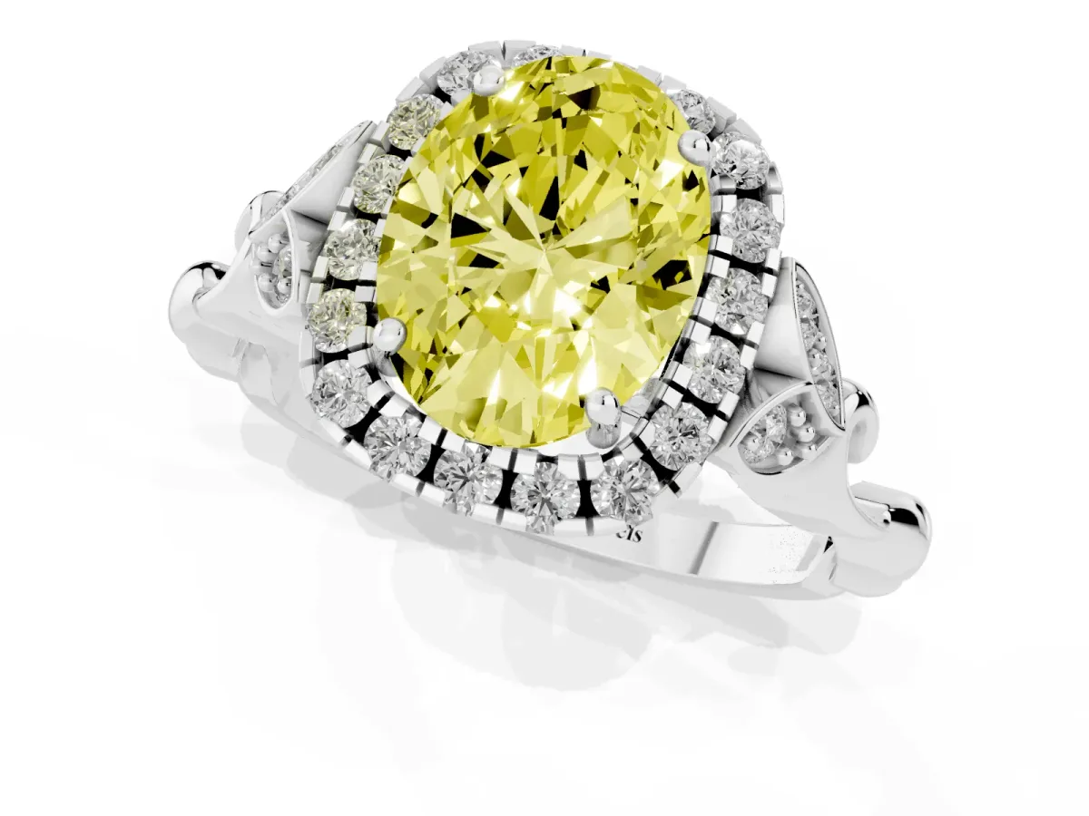 Fancy Yellow Oval Cut Halo Diamond Engagement Ring with Vintage-Inspired Band and Four-Prong Setting White gold