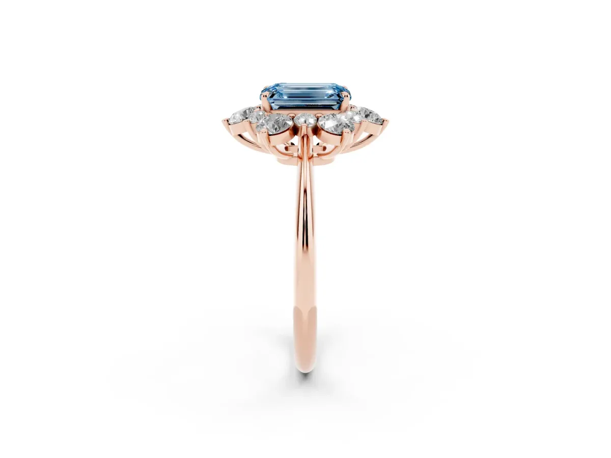 Fancy Blue Emerald Cut Diamond Cluster Halo Ring with Solitaire Band and Four-Prong Setting Rose gold