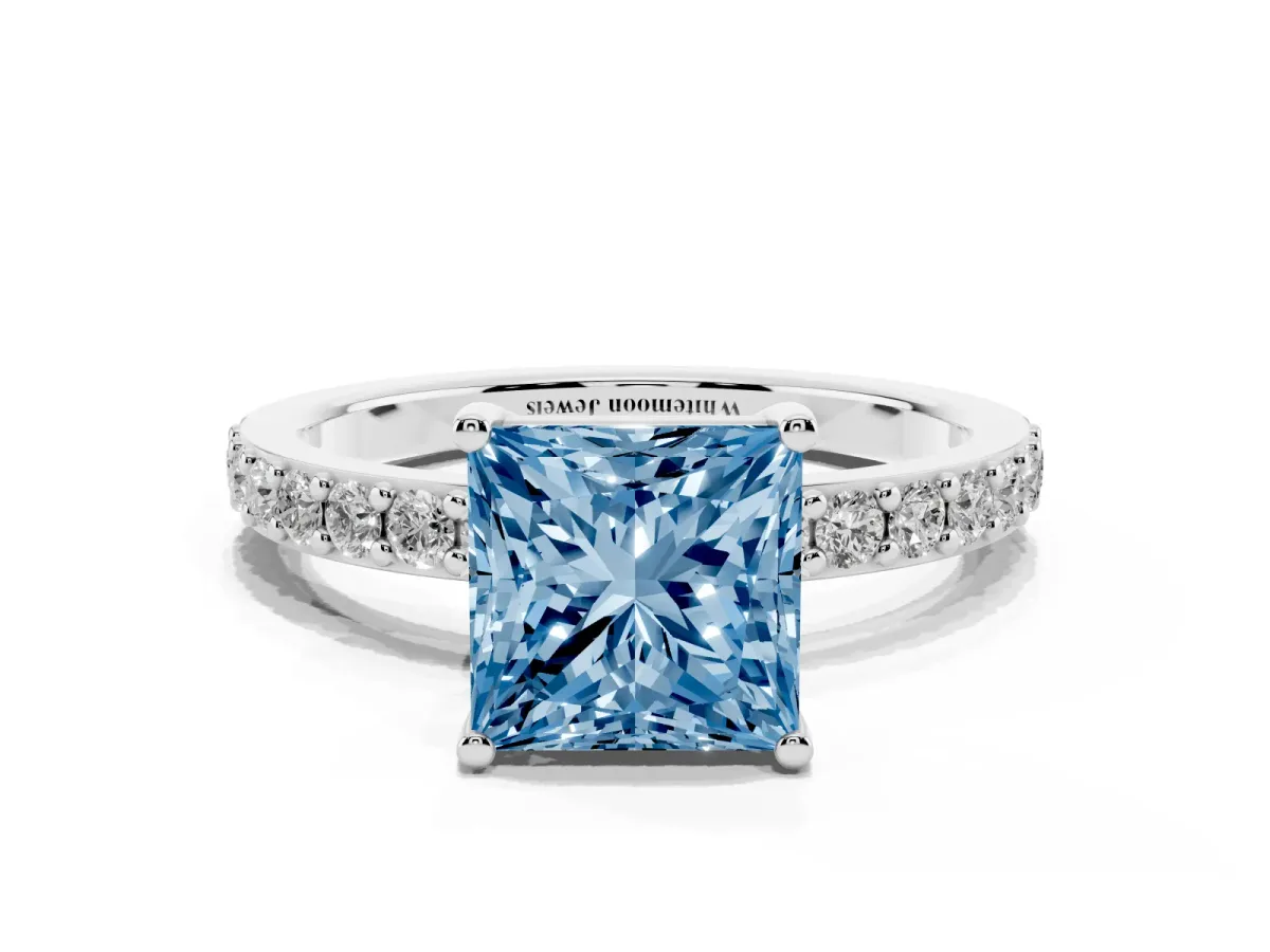 Fancy Blue Princess Cut Cut Diamond Solitaire with Pave Band and Four-Prong Setting Platinum
