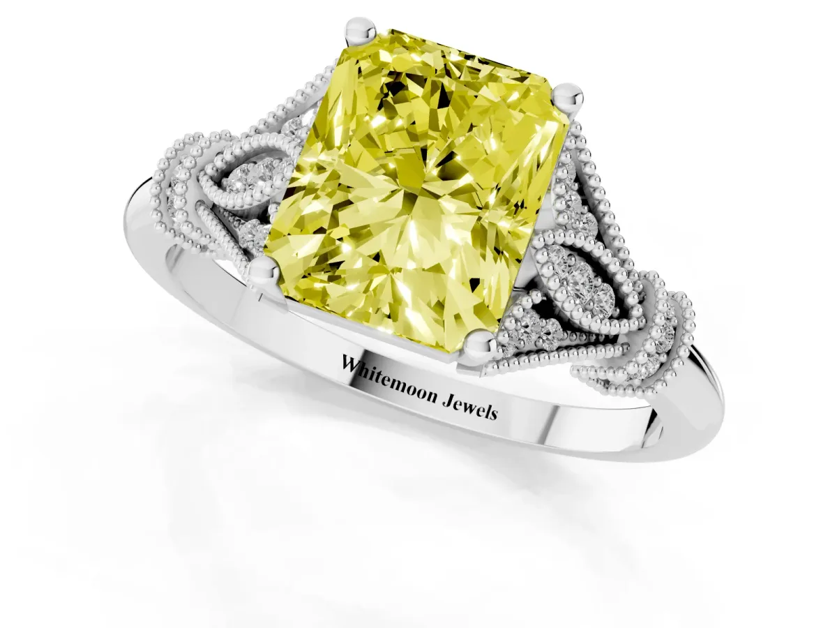 Fancy Yellow Radiant Cut Diamond Solitaire Ring with Floral Filigree and Pave Accents Silver