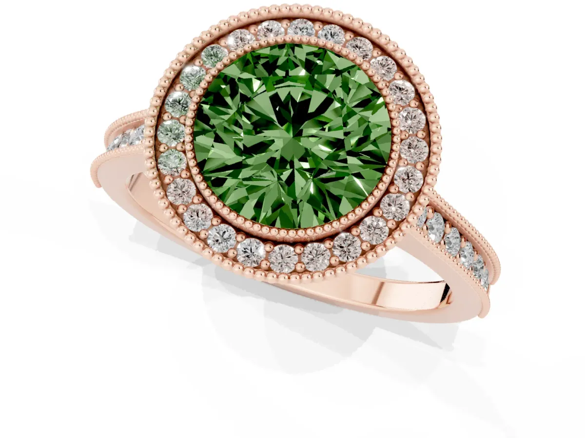 Fancy Green Halo Round Cut-Cut Diamond Pave Band Milgrain Prong Setting Ring Rose gold