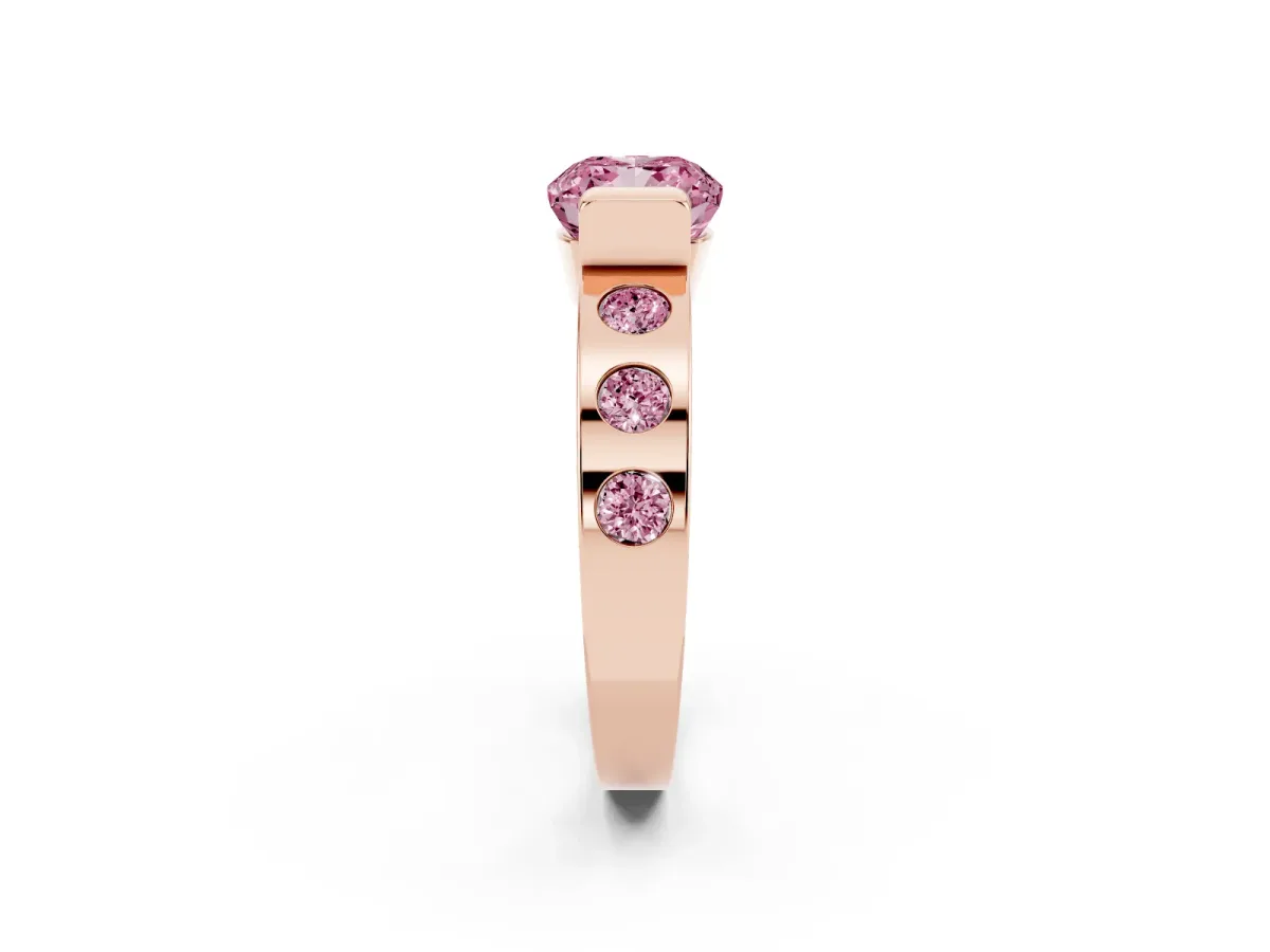 Fancy Pink Cushion Cut Brilliant Channel-Set Diamond Ring with Bezel Prong Setting Rose gold