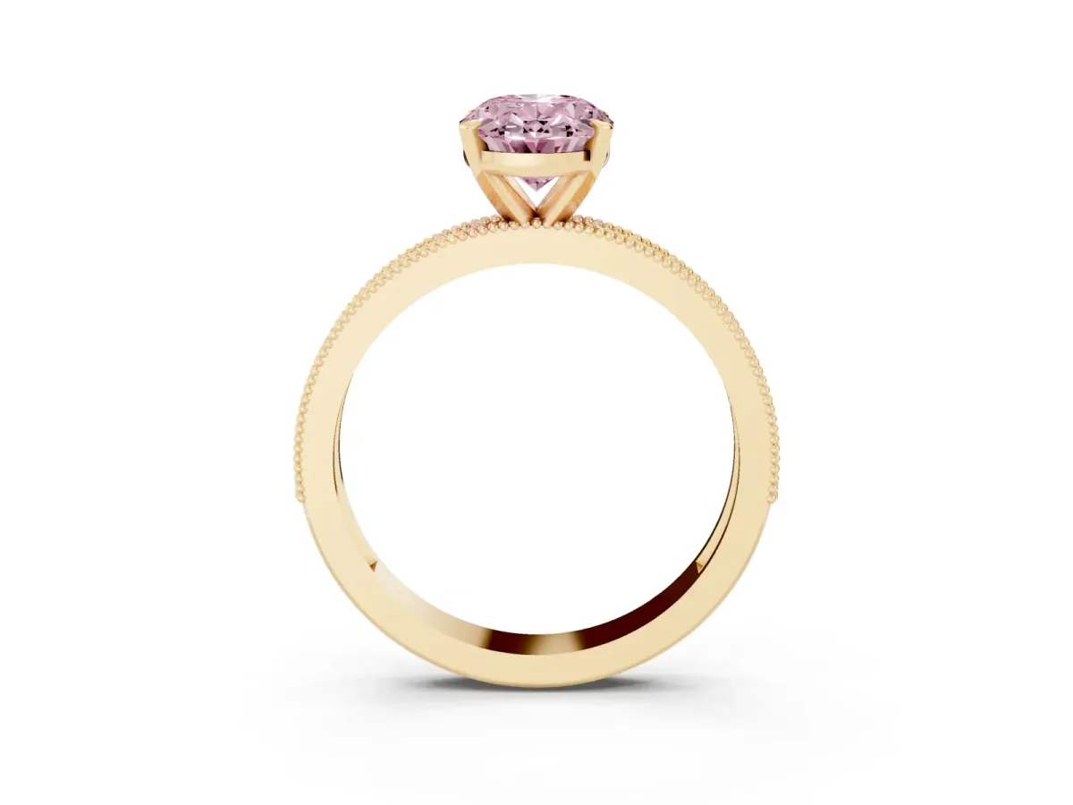 Fancy Pink Oval Cut Diamond Milgrain Pavé Engagement Ring with Four-Prong Setting Yellow gold
