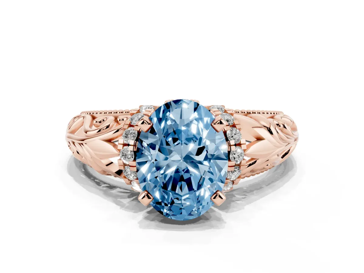 Fancy Blue Oval Cut Solitaire Filigree Engagement Ring with Halo and Prong Setting Rose gold