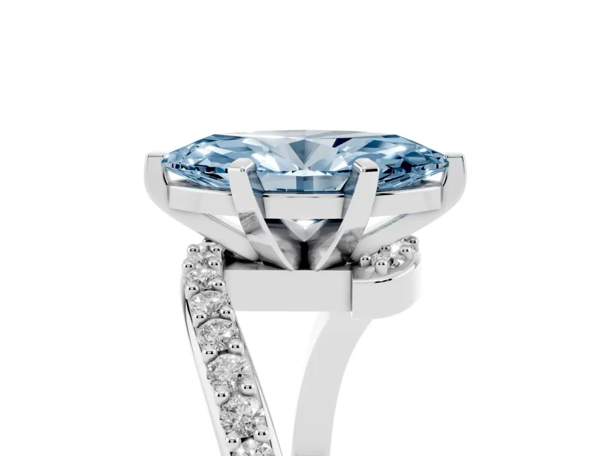 Fancy Blue Marquise Cut Solitaire Twist Band with Pave Set Diamonds and Four-Prong Setting Platinum