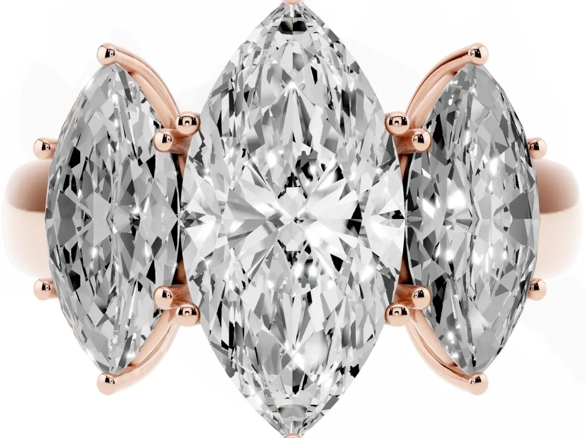 Three-Stone Marquise Cut Cut Diamond Ring with Prong Setting and Classic Band Rose gold