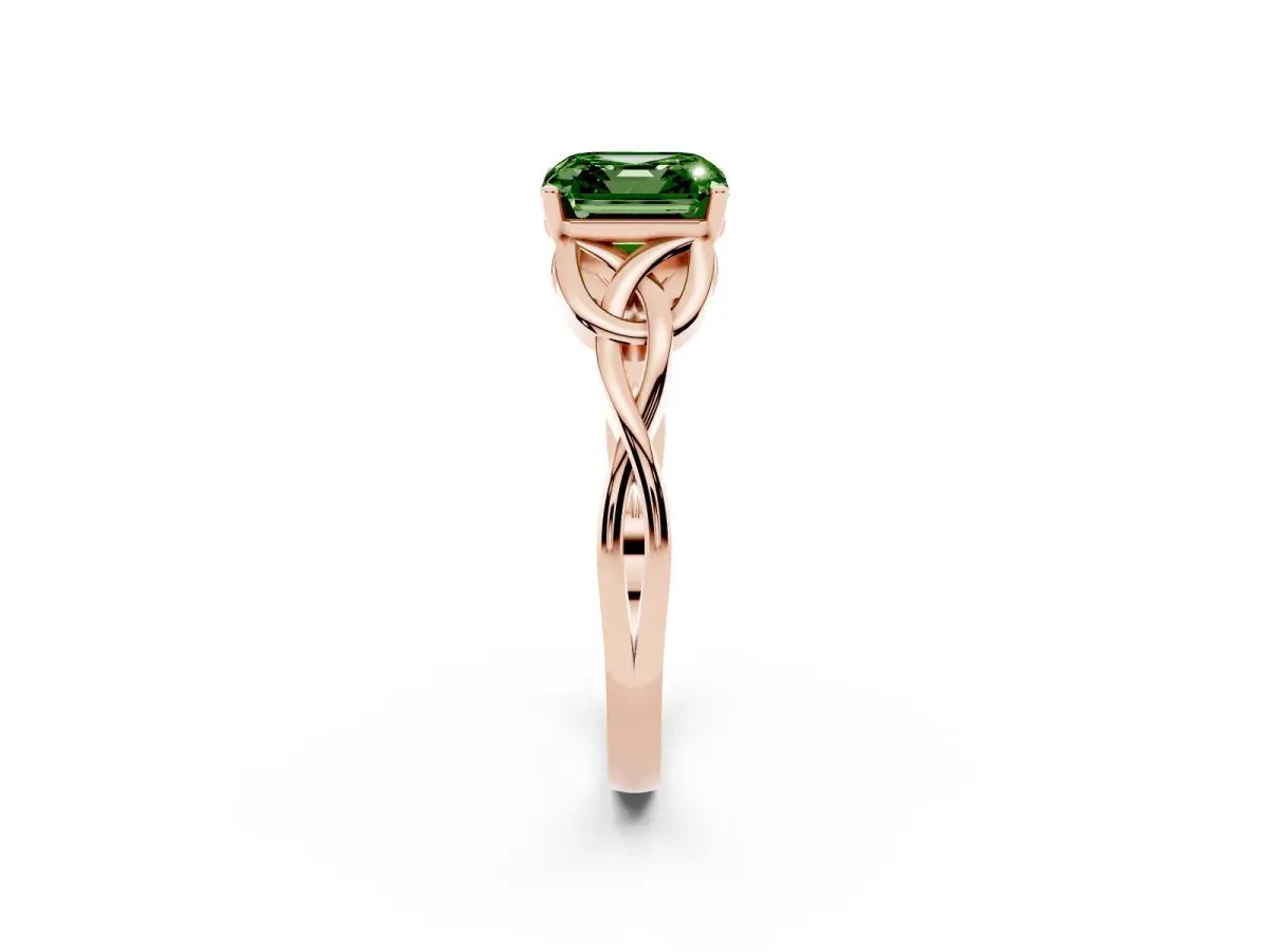 Fancy Green Asscher Cut Diamond Solitaire Engagement Ring with Celtic Knot Band and Four-Prong Setting Rose gold